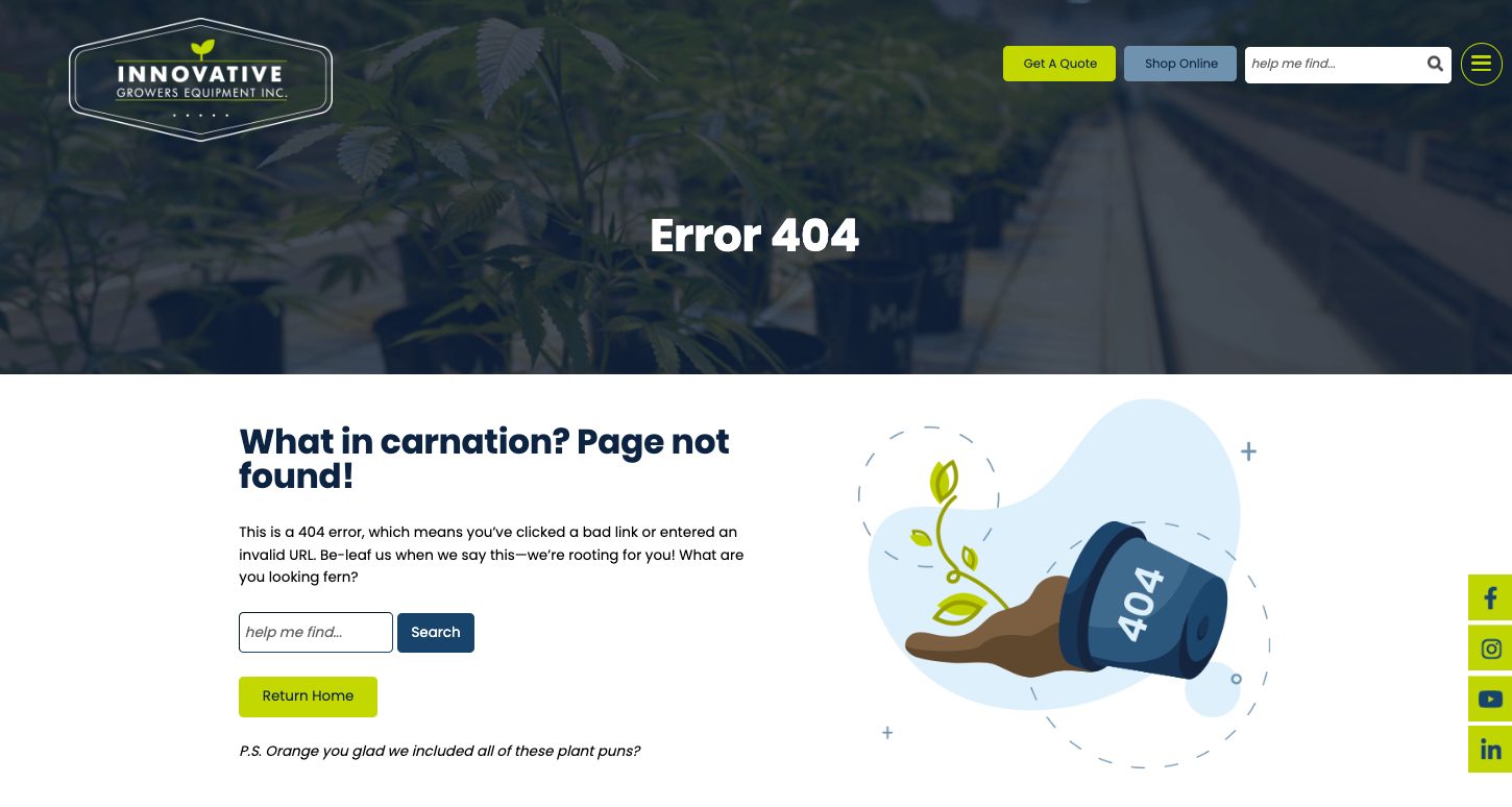 Innovative Growers Equipment Inc.'s 404 page design includes a play on words and a clever related image.