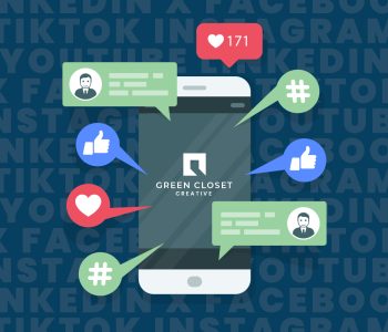 Illustrated graphic showing a smartphone with notifications for likes, comments, hashtags, and followers, representing social media engagement. Text at the top reads “Social Media Tip:” and at the bottom, “why social media matters.” The phone displays the Green Closet Creative logo, with social media platform names like Facebook, Instagram, LinkedIn, and TikTok repeated in the background.